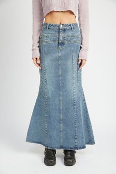 FLUTED DENIM MAXI SKIRT Long Maxi Skirts Jean, Denim Maxi Skirt Women, Luxury Denim Maxi Skirt For Women, Cheap Tiered Denim Skirt, Affordable Retro Medium Wash Denim Skirt, Online Shopping Fire Skirt, Denim Maxi Pencil Skirt, Luxury Denim Skirt For Fall, Luxury Blue Long Denim Skirt