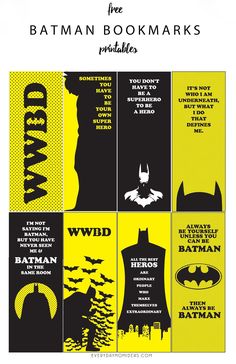 the batman bookmarks are shown in black and yellow, with an image of bats on them