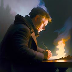 a man writing on a piece of paper with flames coming out of it