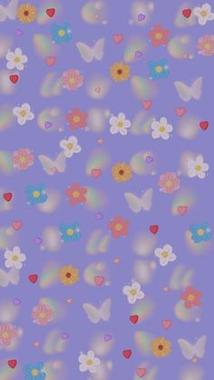 a purple background with hearts, flowers and butterflies