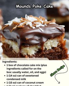 an advertisement for a dessert with chocolate frosting and coconut toppings on the top