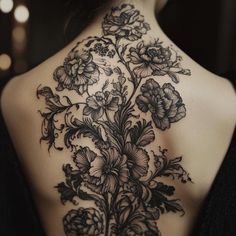 Dark Tattoos Tattoo Blueprint Kit Vintage Vine Tattoo, Korean Flowers Tattoo, Goth Garden Tattoo, Pretty Gothic Tattoos, Gothic Botanical Tattoo, Black Work Back Tattoo, Dark Back Tattoos, Floral Black Work Tattoo, Black Cover Up Tattoos For Women