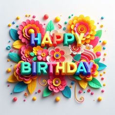 the words happy birthday are made out of colorful flowers and leaves on a white background