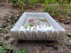 a white tray sitting on top of a dirt ground next to grass and plants in the background