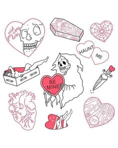 some heart stickers are arranged on a white background with pink ink and red lettering