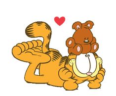 garfield the cat laying down with his head on top of another cartoon character's back