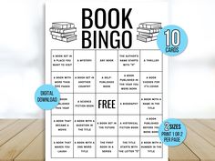 a printable book bingo game is shown with the words free and two stacks of books