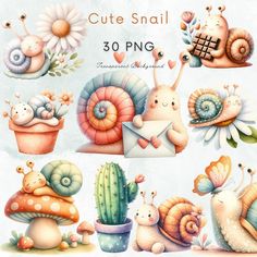 cute snail clipart set with flowers and cacti for scrapbook, card making