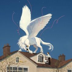 a large white horse on top of a building with wings flying above it's head