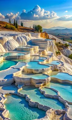 the blue lagoons in pamos, turkey are colorfully colored and have many different pools