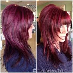 Rocker Hair, Magenta Hair, Medium Layered Hair, Long Bangs, Long Hair With Bangs, Scene Hair, Hair Haircut, Haircuts For Long Hair, Long Layers