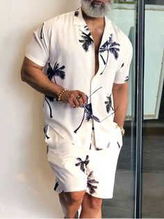 White Boho Collar   Tropical  Embellished Slight Stretch  Men Clothing Vocation Outfit, Shirt And Shorts, Man Set, Summer Set, Floral Pants, Casual Sets, Short Shirts, Outfit Set