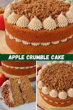 an apple crumble cake is cut and served