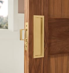 a close up of a door handle on a wooden door