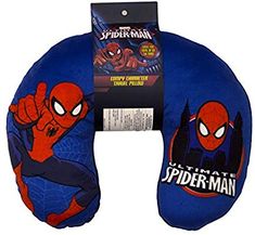 the ultimate spiderman travel pillow is blue and has an image of the character on it