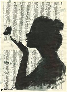 the silhouette of a woman holding a butterfly in her hand with an old book page background