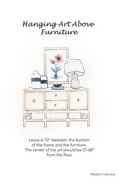 a drawing of a dresser with a lamp on it and a painting of a flower