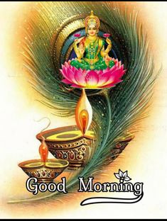 good morning with lotus flower and oil lamp on peacock feather feathers, decorated with the image of lord ganesha