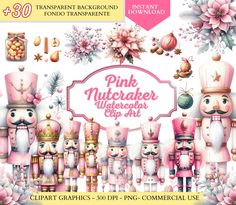 the pink nutcracker clip art is displayed in front of a white background with flowers and