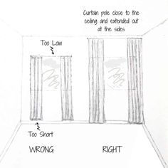 a drawing shows how to draw curtains in an empty room with the words curtain pole close to the ceiling and extended out at the sides