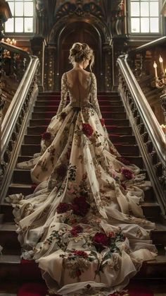 White Wedding Dress Red Accents, Unique Red Carpet Dresses, Romantic Gothic Wedding Dress, Wedding Dress With Red Accents, Autumn Gown, Roses Wedding Dress, Red And White Wedding Dress, Carpeted Staircase, Norse Wedding