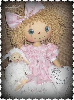 a doll with blonde hair sitting next to a stuffed lamb and wearing a pink dress