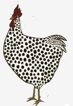 a black and white chicken with polka dots on it's back legs, standing in front of a white background