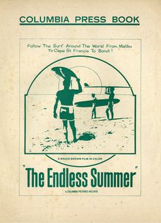 the endless summer columbia press book, with an image of surfers carrying surfboards