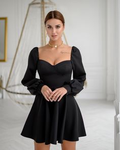 Fabric: Crepe Cotton 75%, Polyester 20%, Elastane 5% Backless Puff sleeves Bustier bodice Mini Length Sleeve length: 70cm/ 27.5in Skirt length: 46cm/ 18,1in Colors: Blue, Red, White, Black Bustier With Sleeves, Evening Mini Dress With Balloon Gathered Sleeves, Evening Mini Dress With Balloon Elastic Sleeves, Fitted Corset Dress With Gathered Sleeves, Solid Color Puff Sleeve Party Dress, Evening Puff Sleeve Dress With Fitted Bodice, Evening Puff Sleeve Dress With Balloon Sleeves, Chic Long Sleeve Corset Dress For Formal Occasions, Fitted Corset Dress With Ruched Puff Sleeves