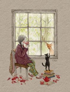 a drawing of a woman sitting in front of a window next to a black cat