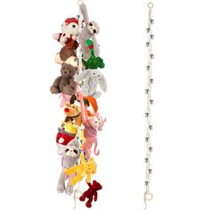 a bunch of stuffed animals hanging from a rope