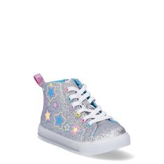 These Wonder Nation Light-Up High Top Sneakers are the perfect addition to your child's wardrobe. Featuring a glittery silver upper with multi-colored star patches, inside zipper for easy on/off, and lighted outsole with power button to turn lights on/off. This sneaker is stylish and fun, perfectly complementing many outfits. Exclusively at Walmart. Size: 12.  Gender: female.  Age Group: toddler. Star Patches, Light Up Sneakers, Light Up Shoes, Girls Shoes Kids, Power Button, Girls High, Sole Shoes, Silver Shoes, Top Light