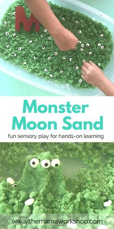 a child's hands playing with green moss and making a monster sand play for hands - on learning