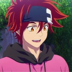 an anime character with red hair wearing a pink hoodie and looking at the camera