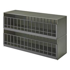 two metal shelves with multiple compartments on each side