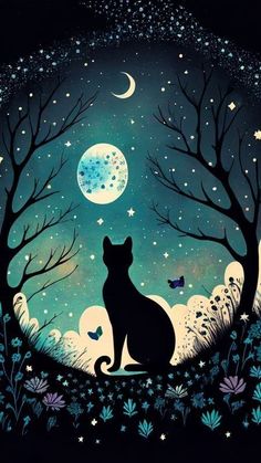 a cat sitting in the middle of a forest under a full moon and stars filled sky