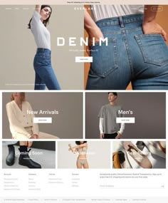 the website for denim is displayed in several different colors and sizes, including blue jeans