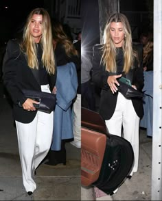 two photos of a woman in white pants and black blazer carrying a bag while walking down the street