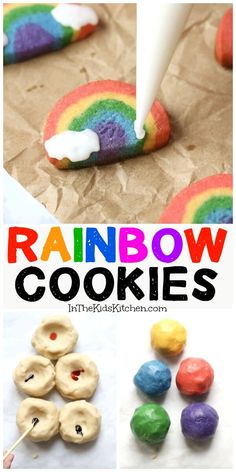 rainbow cookies with white icing on top and the words overlay that reads, rainbow cookies