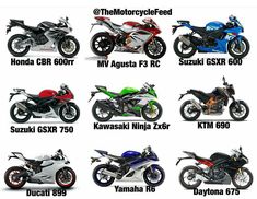 there are many different types of motorcycles in this picture, each one has its own name on it