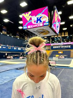 Gymnastics Competition Hairstyles For Long Hair, Dig Pink Volleyball Hairstyles, Pep Rally Hairstyles Cheer Hair, Basketball Girls Hairstyles, Cute Girly Hairstyle Ideas, Cute Hairstyles For Track Meets, Pink Out Hairstyles Volleyball