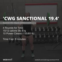 a woman standing in front of a gym machine with the words'cwg sanctional 19 4 '