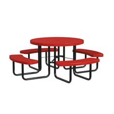 a red picnic table with four benches on each side and one bench at the end