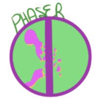 the logo for phaser is shown in purple and green