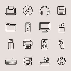 the icon set includes different types of electronic devices and accessories, such as headphones, laptop