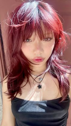 @travanna Vampire Curly Hair, Hair Dye With Bangs, Wolfcut Hair Long Curly, Red Burgundy Aesthetic, Burgundy Hair With Blonde Highlights, Faded Red Hair, Red Hair Outfits, Burgundy Aesthetic, Aesthetic Butterfly