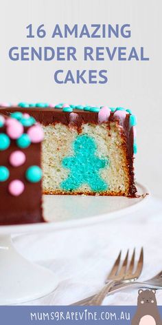 a close up of a cake on a plate with the words 16 amazing gender reveal cakes