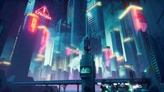 a futuristic city with neon lights and buildings