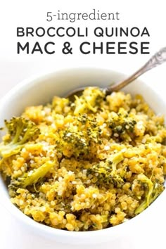 broccoli quinoa mac and cheese in a white bowl