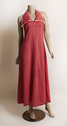 "FREE DOMESTIC SHIPPING! <3 ♥ Lovely vintage 1970s red polka dot sailor halter maxi dress! ♥ Nylon zipper in the back. Empire waist with a cute sailor style collar front! Open halter back! ♥ Swiss dot material. Cotton! ♥ In very good condition. There is an area on the front, near the knee that looks like it was a spot of color bleed (last photo). No label tag, most likely handmade. * measurements * Bust - 38\" Waist - 32\" Hips - 54\" Length - 51\" ** I do ship worldwide! For more vintage cut Grease Outfits, Vintage Kaftan, Fashion Thoughts, Maxi Halter Dress, Art Outfit, Sailor Style, Vintage Dresses 1960s, Seventies Fashion, Bachelorette Outfits